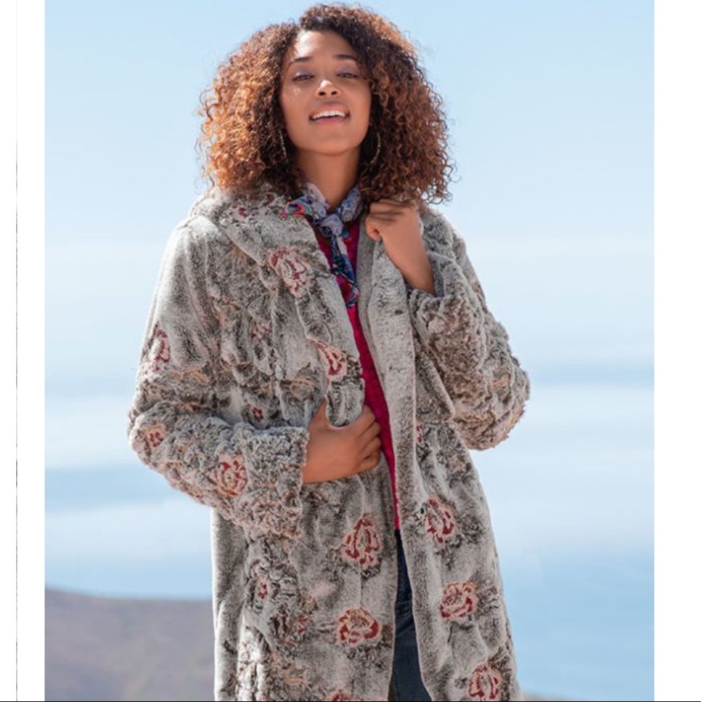 Johnny Was Gray Faux Fur Floral Coat with Pink Accents